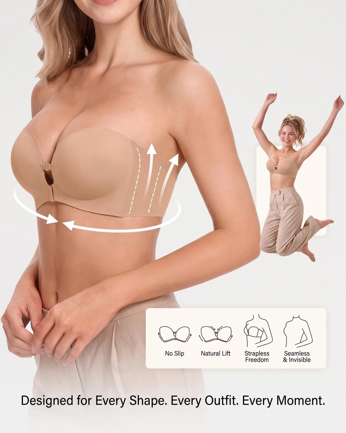 PLERIVA Padded Strapless Bra with Front Closure in Nude, front view with lift and fit features