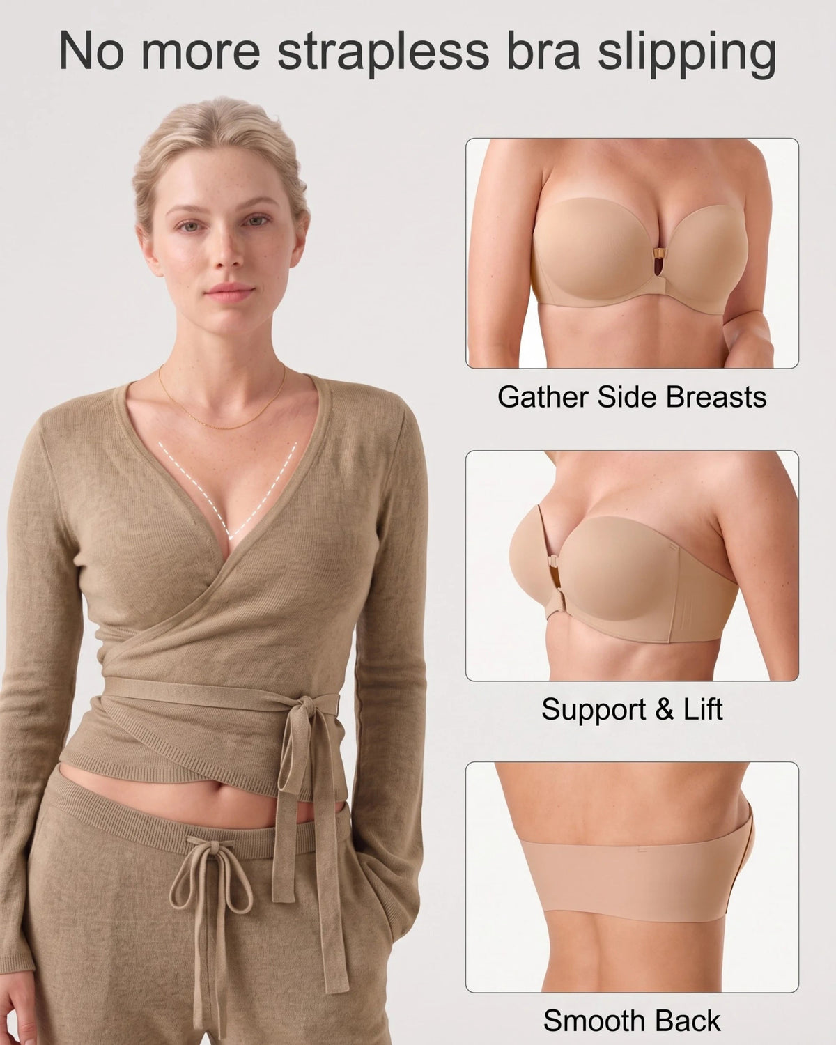 PLERIVA Padded Strapless Bra with Front Closure in Nude, worn under a wrap top, with gather, lift and smooth back close-ups