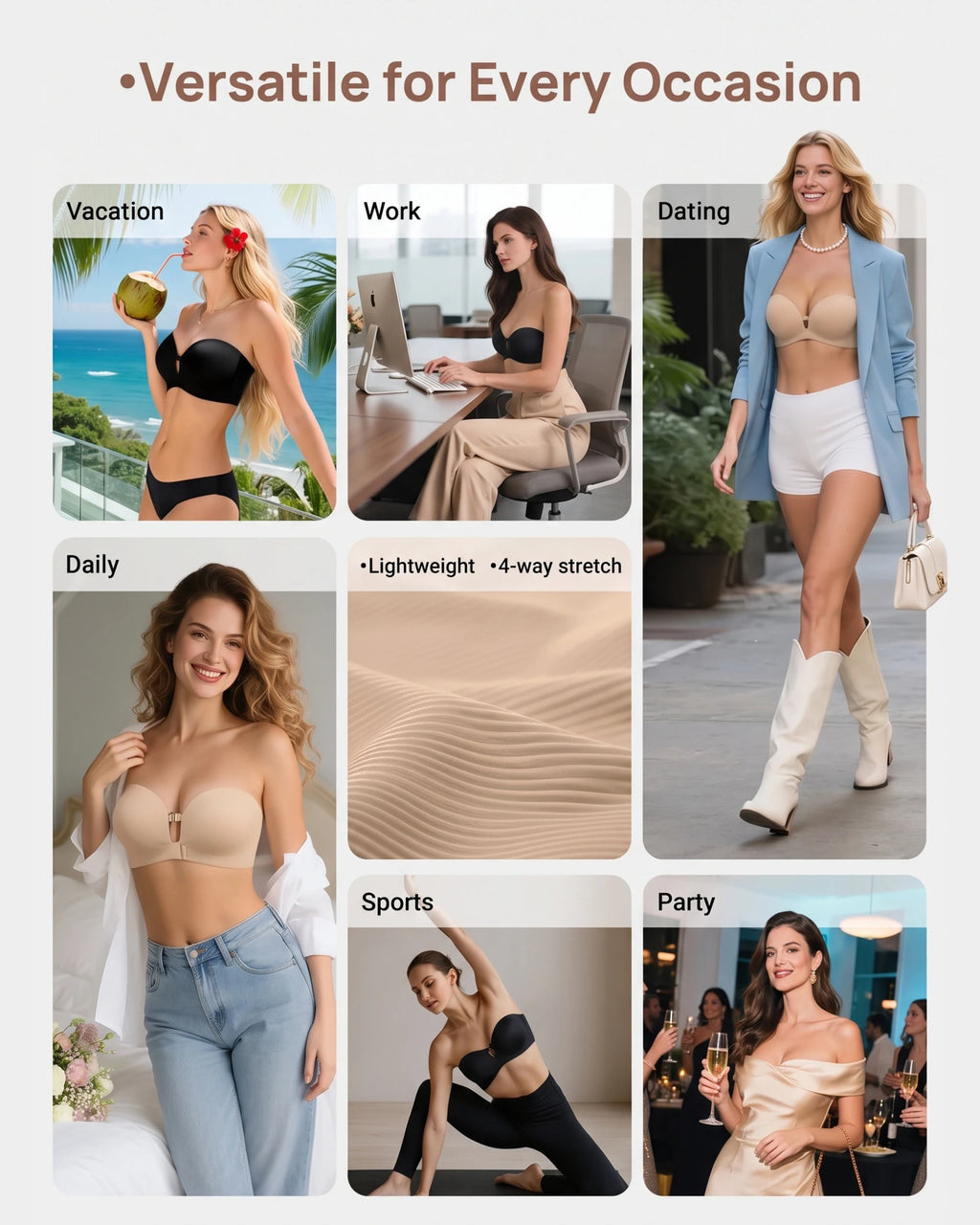 PLERIVA Padded Strapless Bra with Front Closure, styled for vacation, work, dates, sports and parties