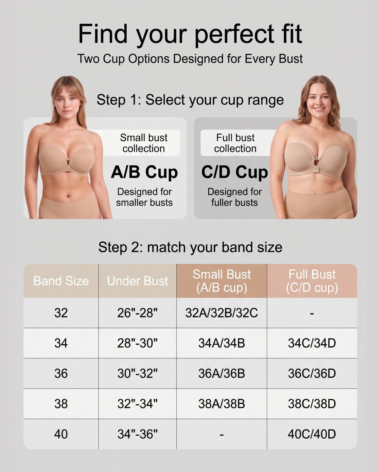 PLERIVA Padded Strapless Bra with Front Closure, cup and band size guide