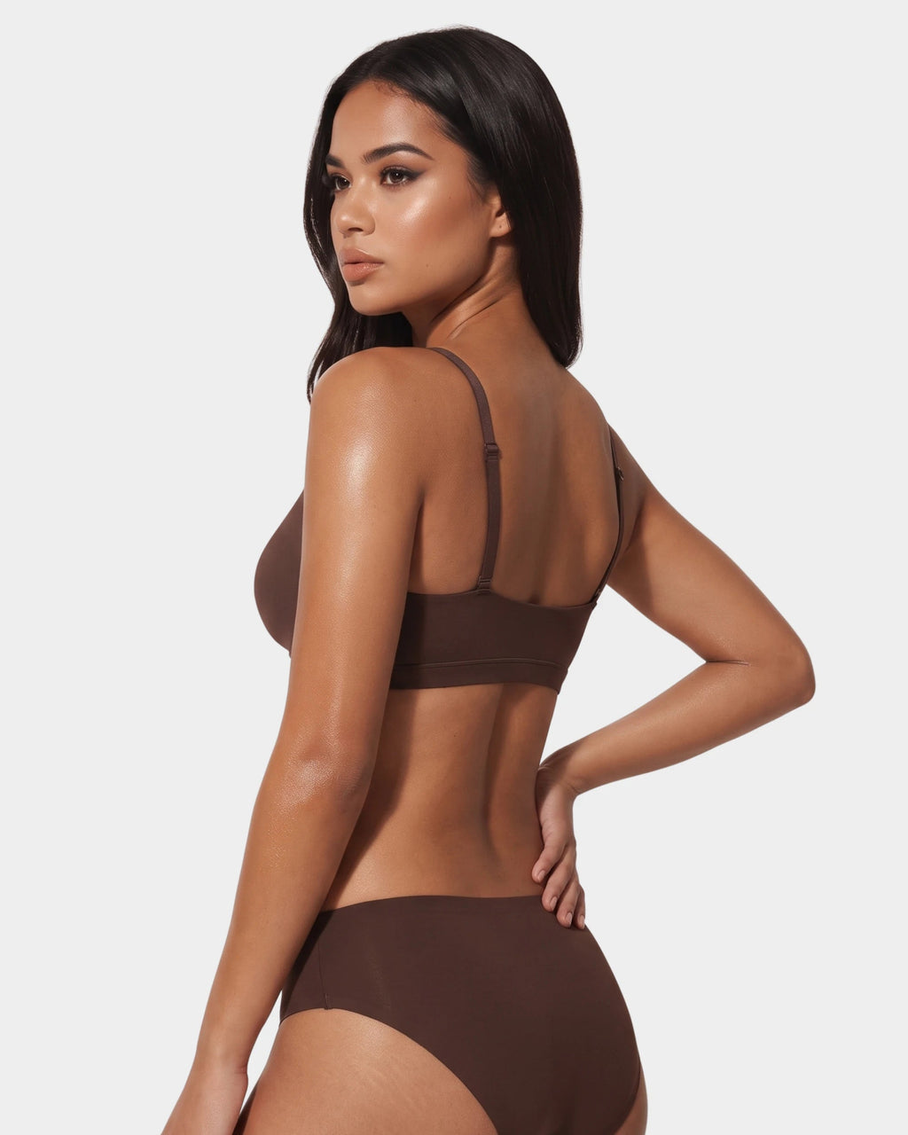 PLERIVA Padded Wireless Plunge Bralette in Hazelnut, three-quarter back view on model