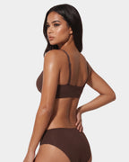 PLERIVA Padded Wireless Plunge Bralette in Hazelnut, three-quarter back view on model