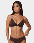 PLERIVA Padded Wireless Plunge Bralette in Hazelnut, front view on model