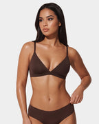 PLERIVA Padded Wireless Plunge Bralette in Hazelnut, front view on model