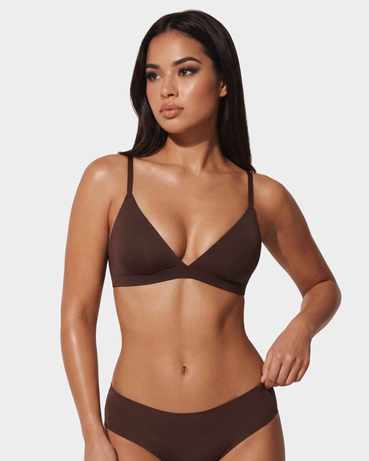 PLERIVA Padded Wireless Plunge Bralette in Hazelnut, front view on model