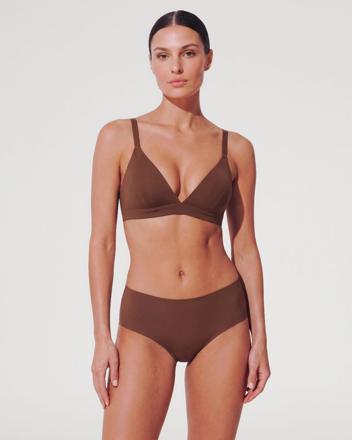 PLERIVA Padded Wireless Plunge Bralette in Hazelnut, full-length front view