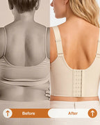 PLERIVA Padded Wireless T-Shirt Bra for Fuller Coverage in Beige, before-and-after view of back smoothing
