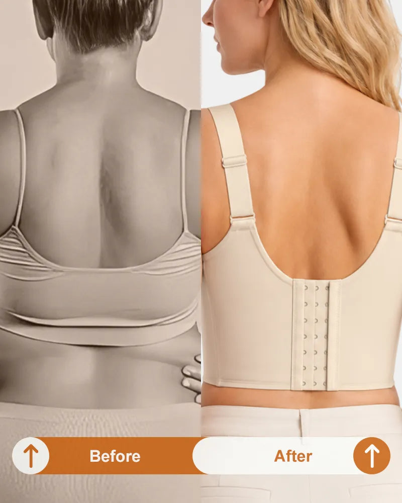 PLERIVA Padded Wireless T-Shirt Bra for Fuller Coverage in Beige, before-and-after view of back smoothing
