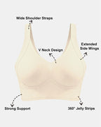 PLERIVA Padded Wireless T-Shirt Bra for Fuller Coverage in Beige, product diagram of the wide straps, V-neck, side wings and jelly strips