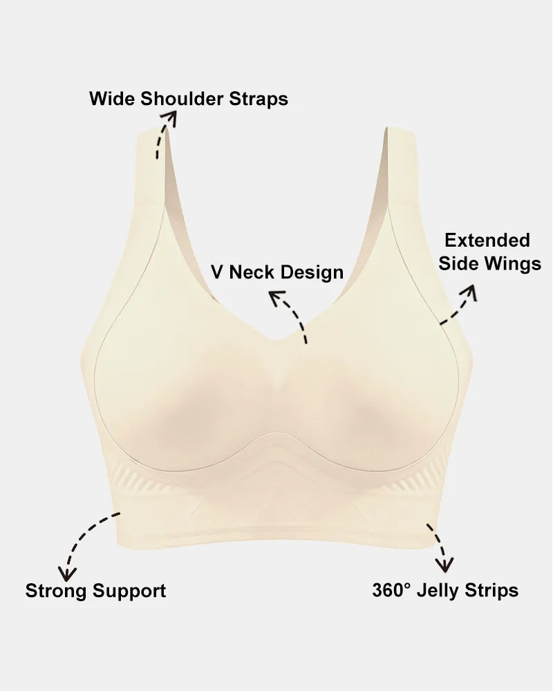 PLERIVA Padded Wireless T-Shirt Bra for Fuller Coverage in Beige, product diagram of the wide straps, V-neck, side wings and jelly strips
