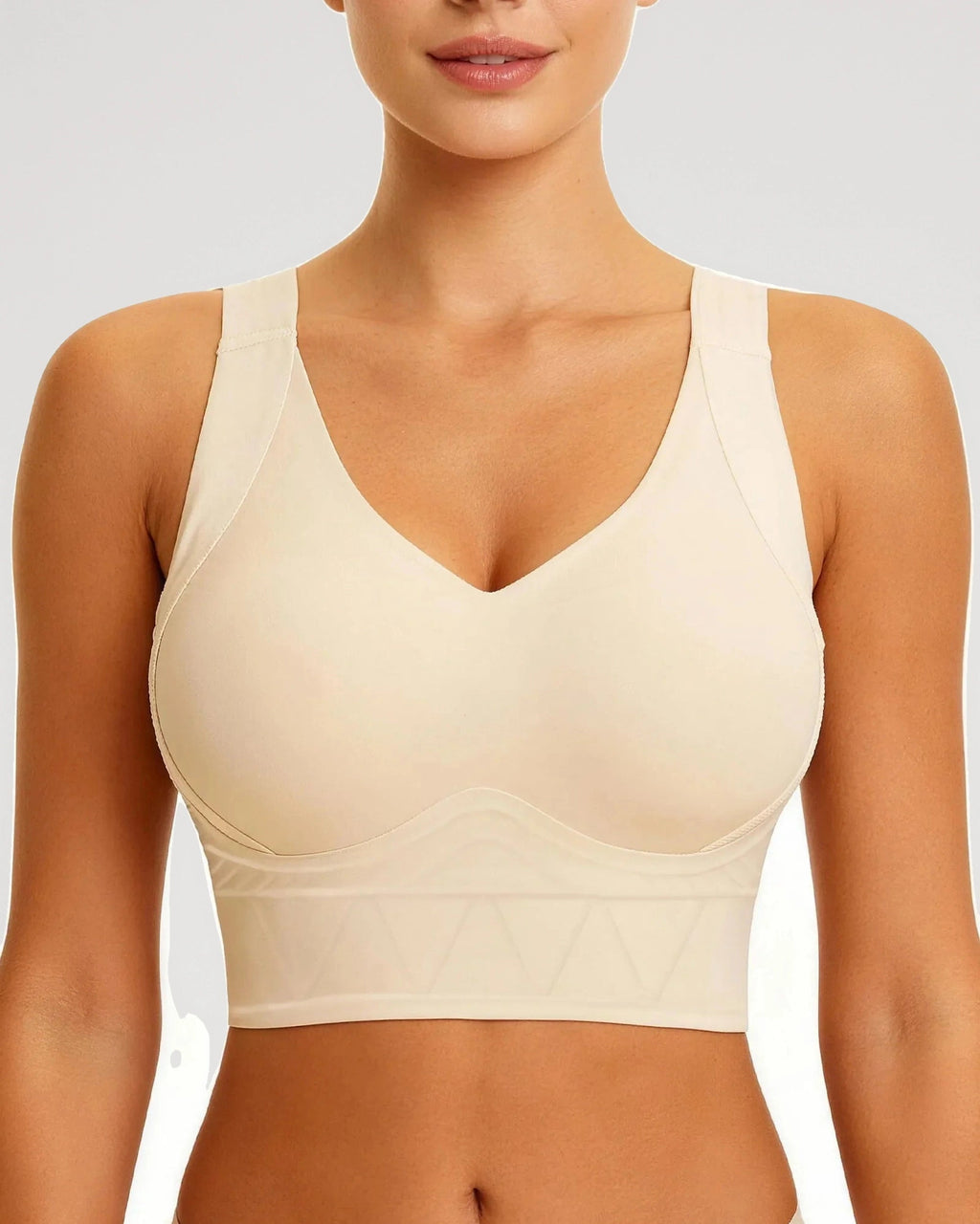 PLERIVA Padded Wireless T-Shirt Bra for Fuller Coverage in Beige, front close-up on model