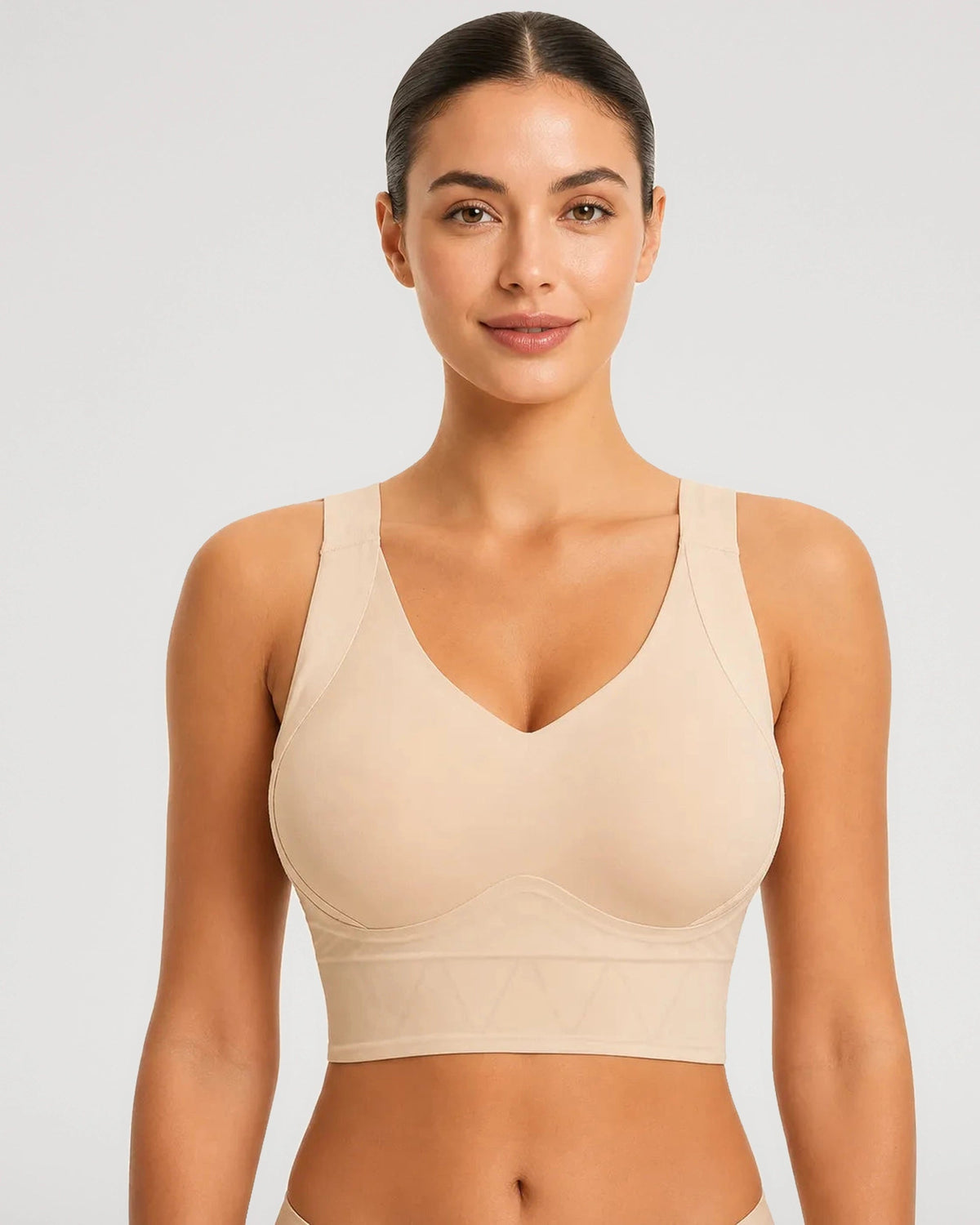 PLERIVA Padded Wireless T-Shirt Bra for Fuller Coverage in Beige, front view on model