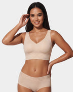 PLERIVA Padded Wireless T-Shirt Bra for Fuller Coverage in Beige, front view on model with matching brief