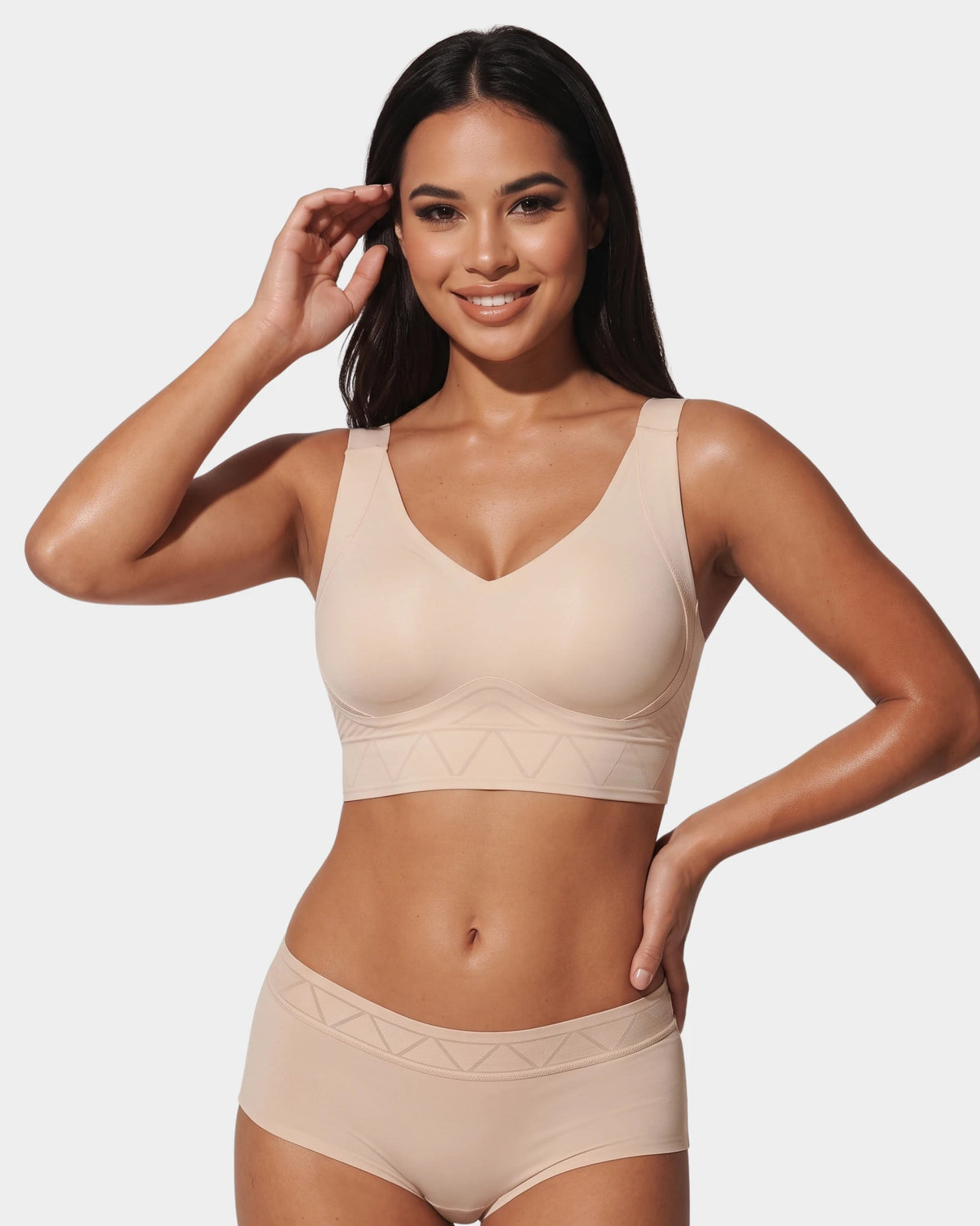 PLERIVA Padded Wireless T-Shirt Bra for Fuller Coverage in Beige, front view on model with matching brief