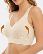 PLERIVA Padded Wireless T-Shirt Bra for Fuller Coverage in Beige, close-up showing the lifting shape of the cups