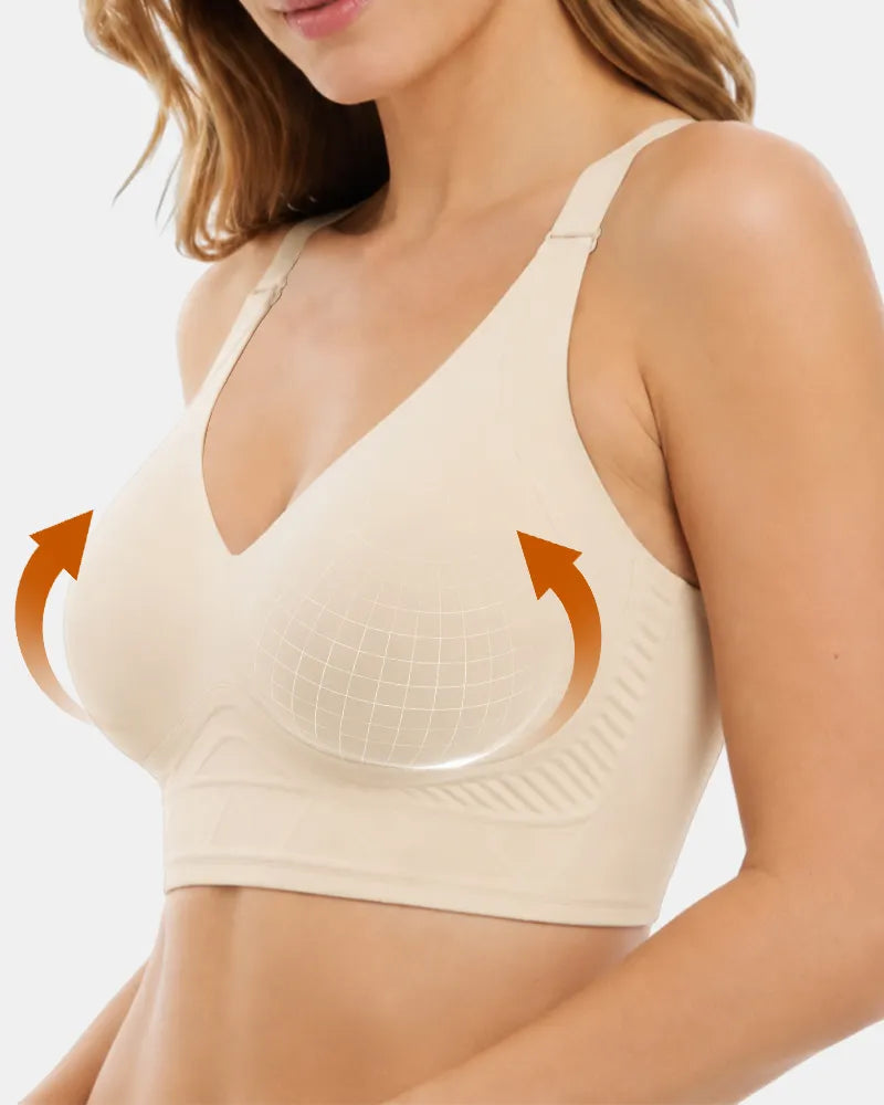 PLERIVA Padded Wireless T-Shirt Bra for Fuller Coverage in Beige, close-up showing the lifting shape of the cups