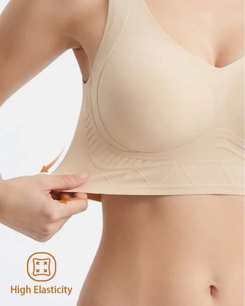 PLERIVA Padded Wireless T-Shirt Bra for Fuller Coverage in Beige, close-up of the stretchy underband