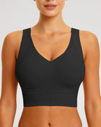 PLERIVA Padded Wireless T-Shirt Bra for Fuller Coverage in Black, front close-up on model