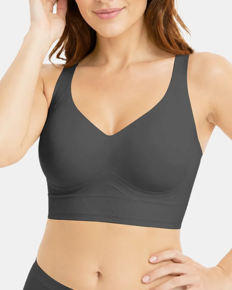 PLERIVA Padded Wireless T-Shirt Bra for Fuller Coverage, front view on model in a dark shade