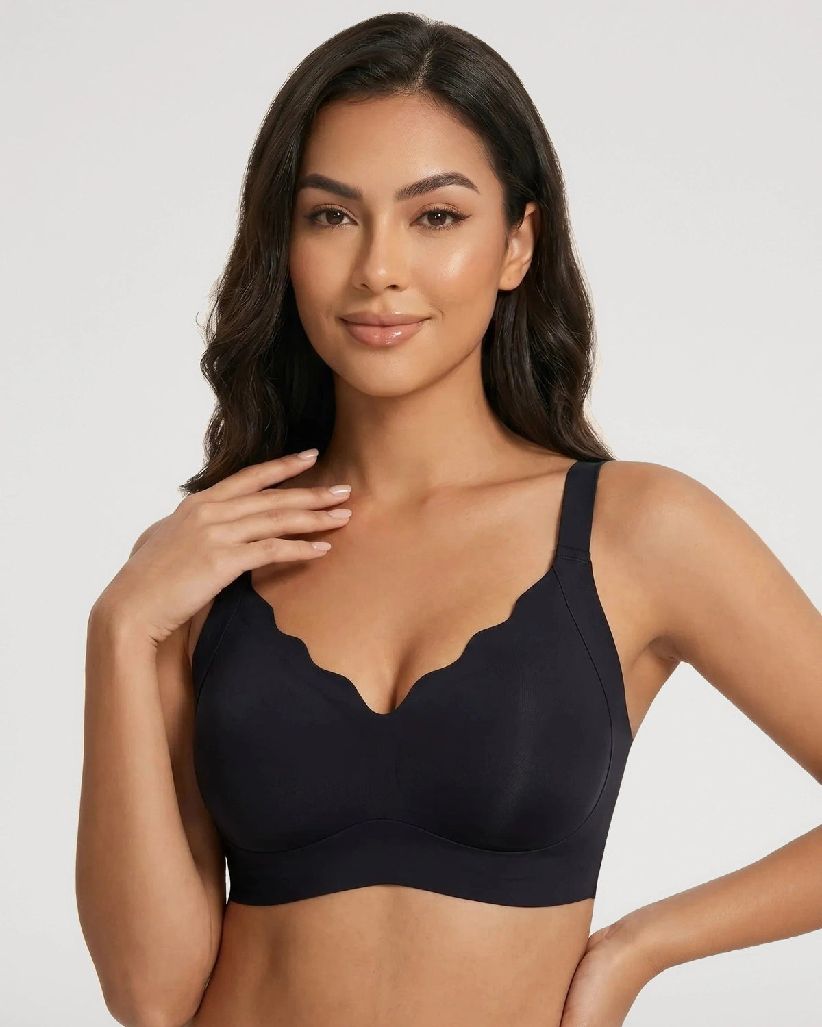 PLERIVA Scalloped Wireless Lift Bra in Black, front view on model