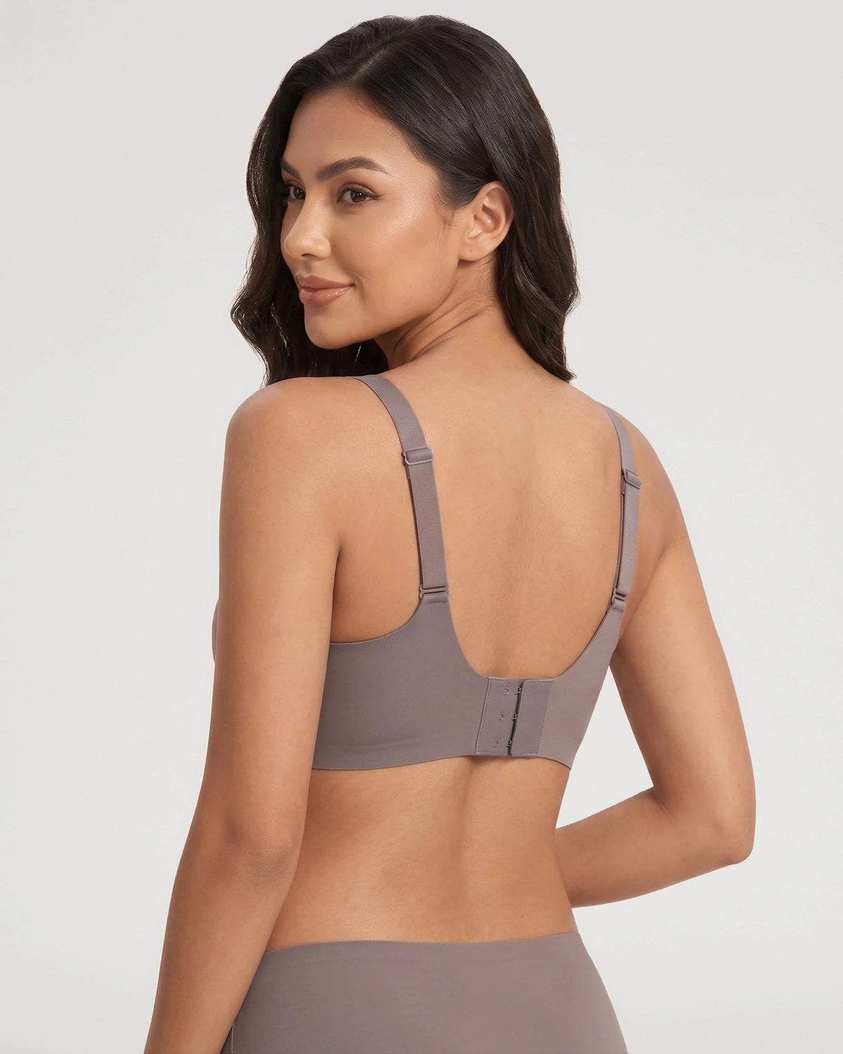 PLERIVA Scalloped Wireless Lift Bra in Gray, back view showing the hook closure