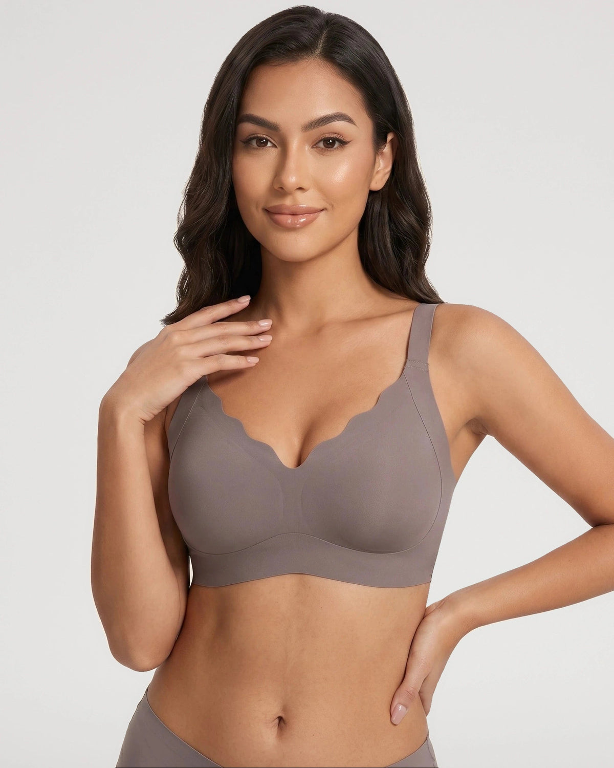 PLERIVA Scalloped Wireless Lift Bra in Gray, front view on model