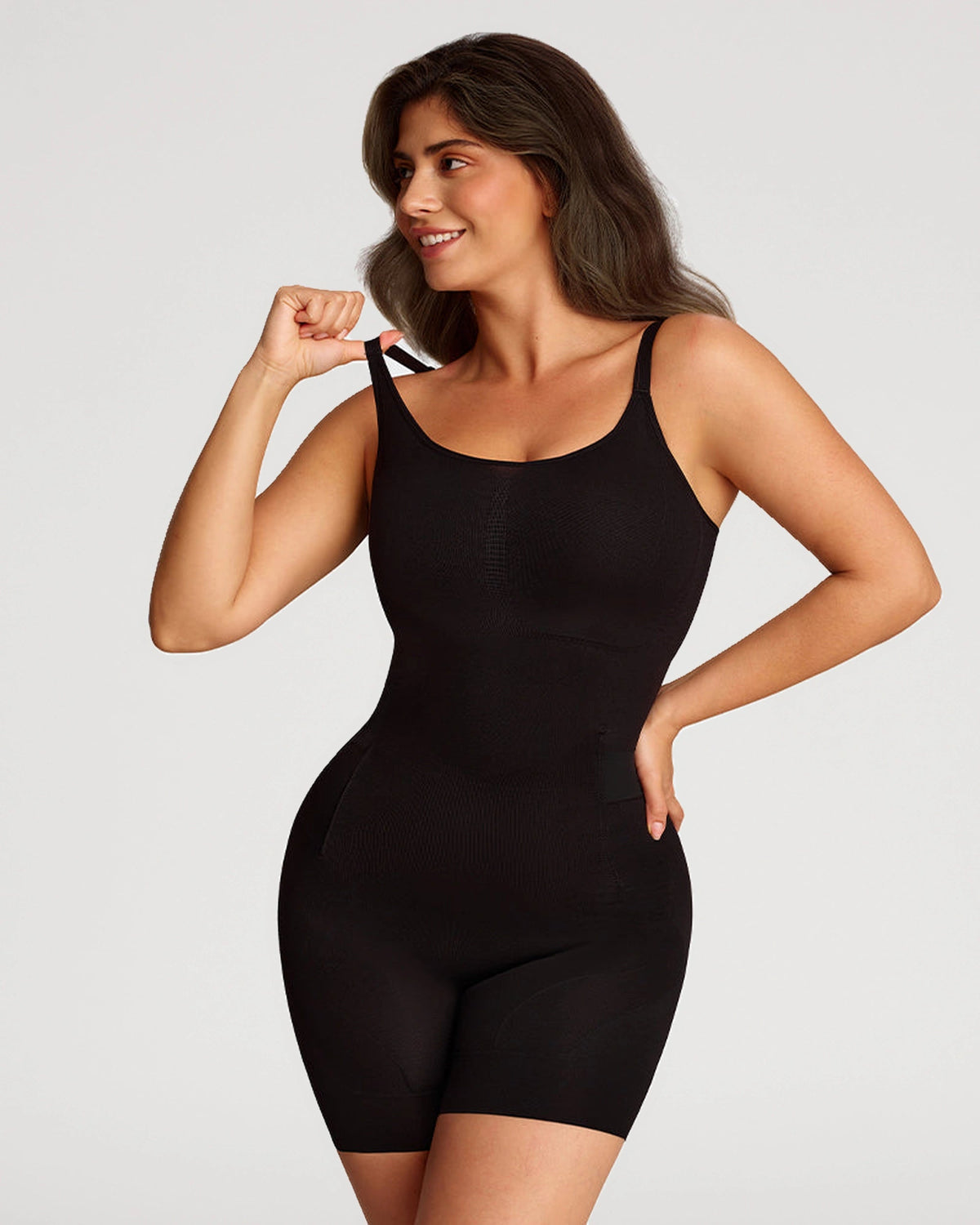 PLERIVA Seamless Full Body Sculpting Bodysuit in Black, front view on model