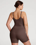 PLERIVA Seamless Full Body Sculpting Bodysuit in Coffee, back view on model