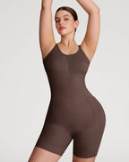 PLERIVA Seamless Full Body Sculpting Bodysuit in Coffee, front view on model with arms raised