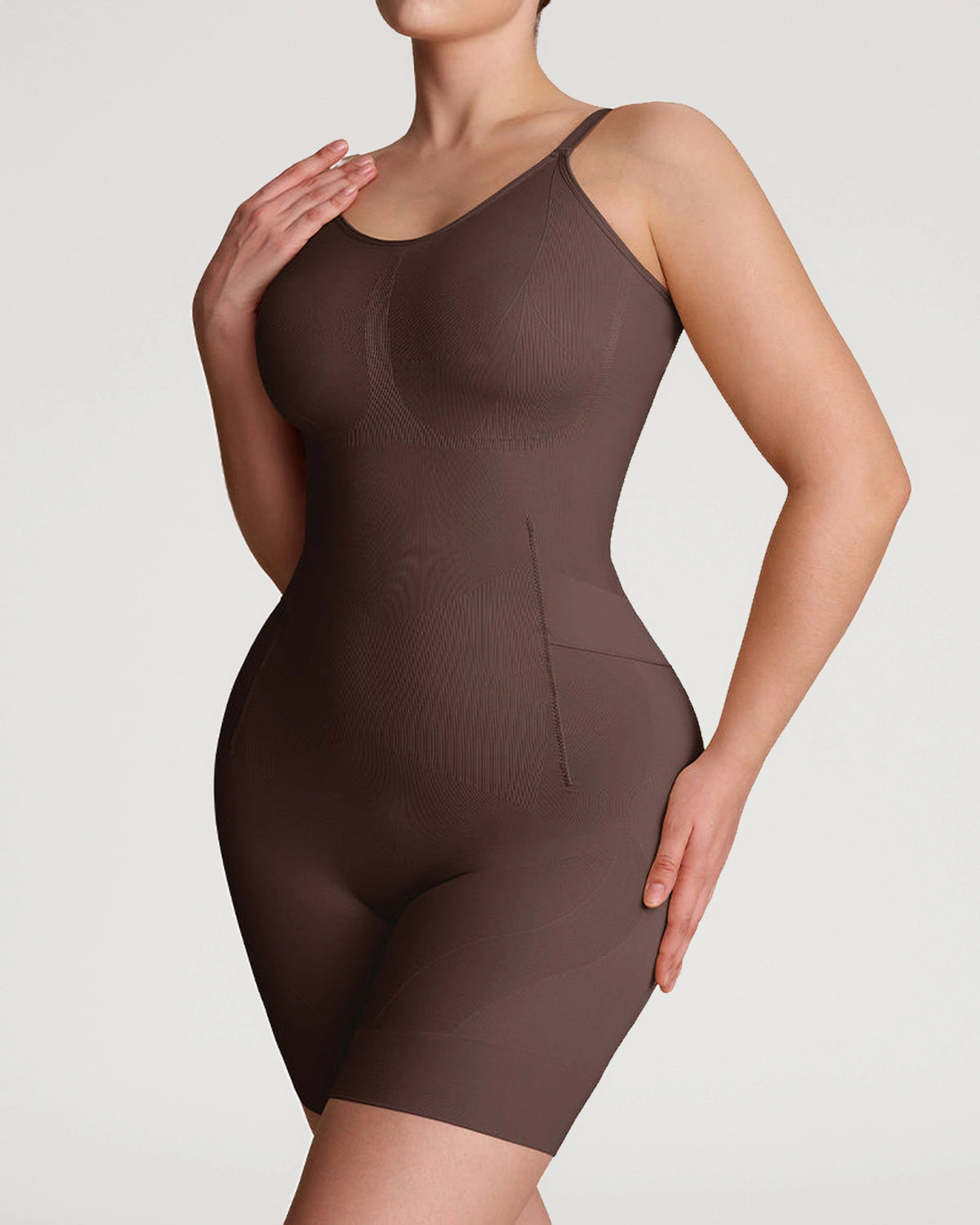PLERIVA Seamless Full Body Sculpting Bodysuit in Coffee, close-up front view of the torso