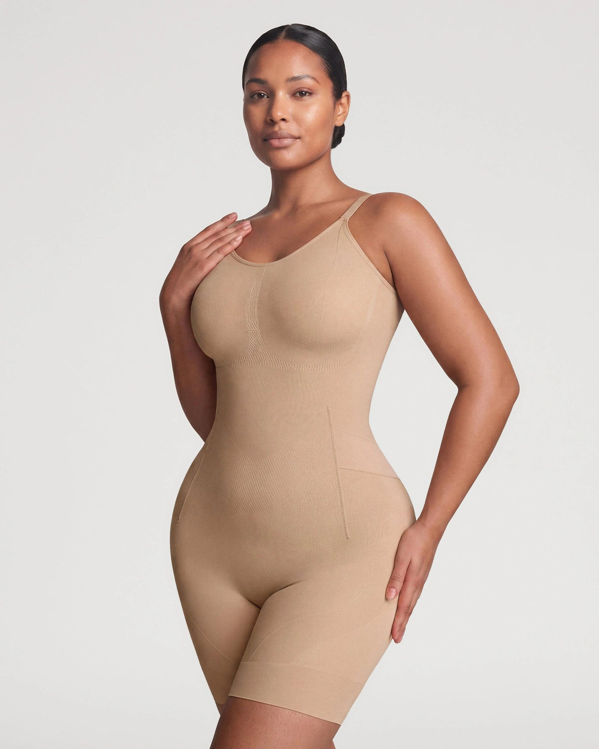 PLERIVA Seamless Full Body Sculpting Bodysuit in Nude, front view on model