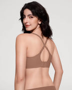 PLERIVA Seamless Mesh Wireless Plunge Lift Bra in Coffee, back view showing the crisscross straps