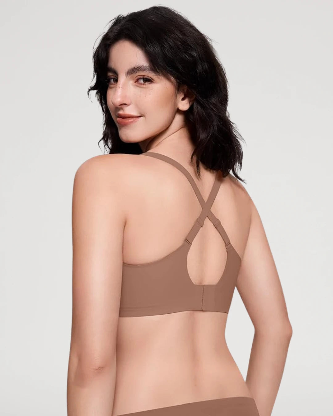 PLERIVA Seamless Mesh Wireless Plunge Lift Bra in Coffee, back view showing the crisscross straps
