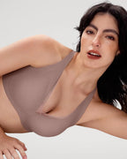 PLERIVA Seamless Mesh Wireless Plunge Lift Bra in Gray, lifestyle shot on model
