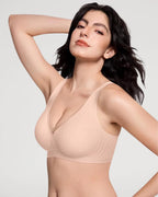 PLERIVA Seamless Mesh Wireless Plunge Lift Bra in Red Nude, front view on model