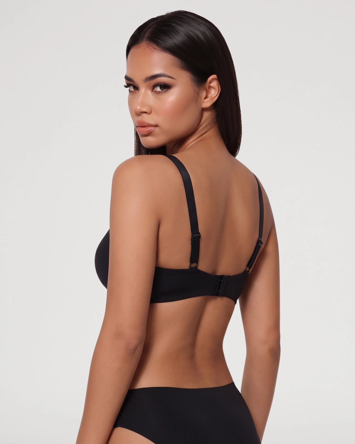 PLERIVA Seamless Unlined Underwire Balconette Bra in Black, back view on model