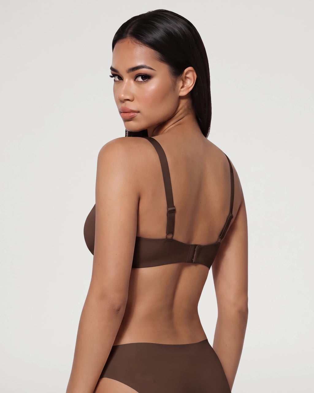 PLERIVA Seamless Unlined Underwire Balconette Bra in Brown, back view on model