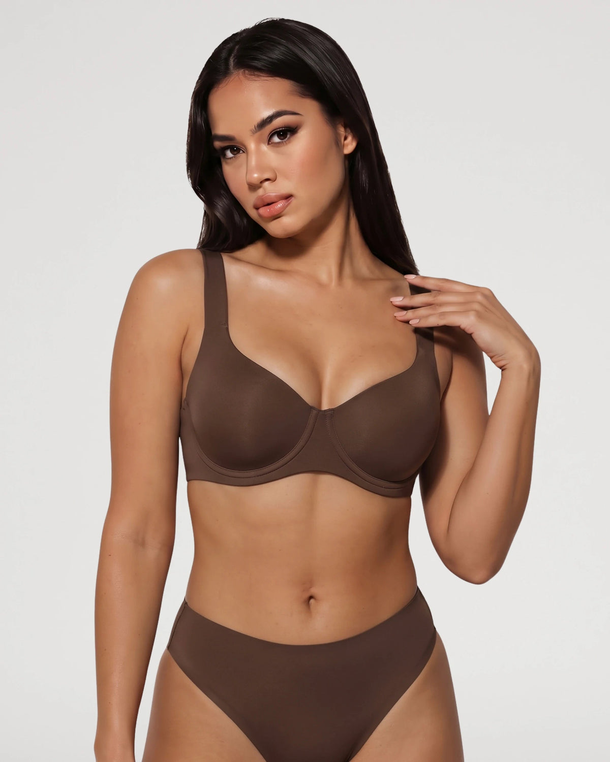 PLERIVA Seamless Unlined Underwire Balconette Bra in Brown, front view on model