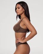 PLERIVA Seamless Unlined Underwire Balconette Bra in Brown, side profile on model