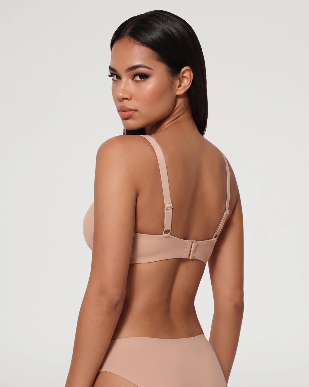PLERIVA Seamless Unlined Underwire Balconette Bra in Nude, back view on model
