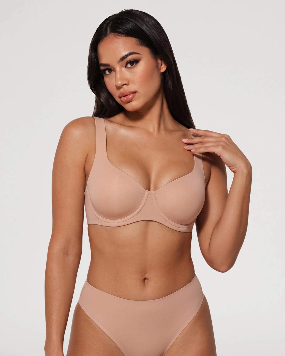 PLERIVA Seamless Unlined Underwire Balconette Bra in Nude, front view on model