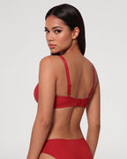 PLERIVA Seamless Unlined Underwire Balconette Bra in Red, back view on model