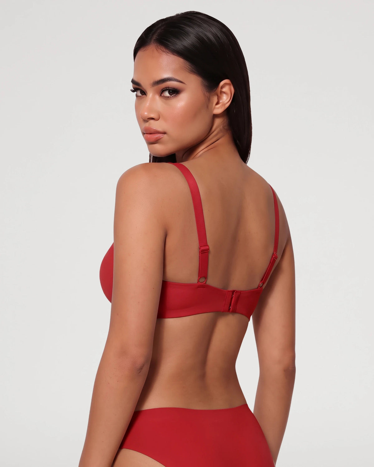 PLERIVA Seamless Unlined Underwire Balconette Bra in Red, back view on model