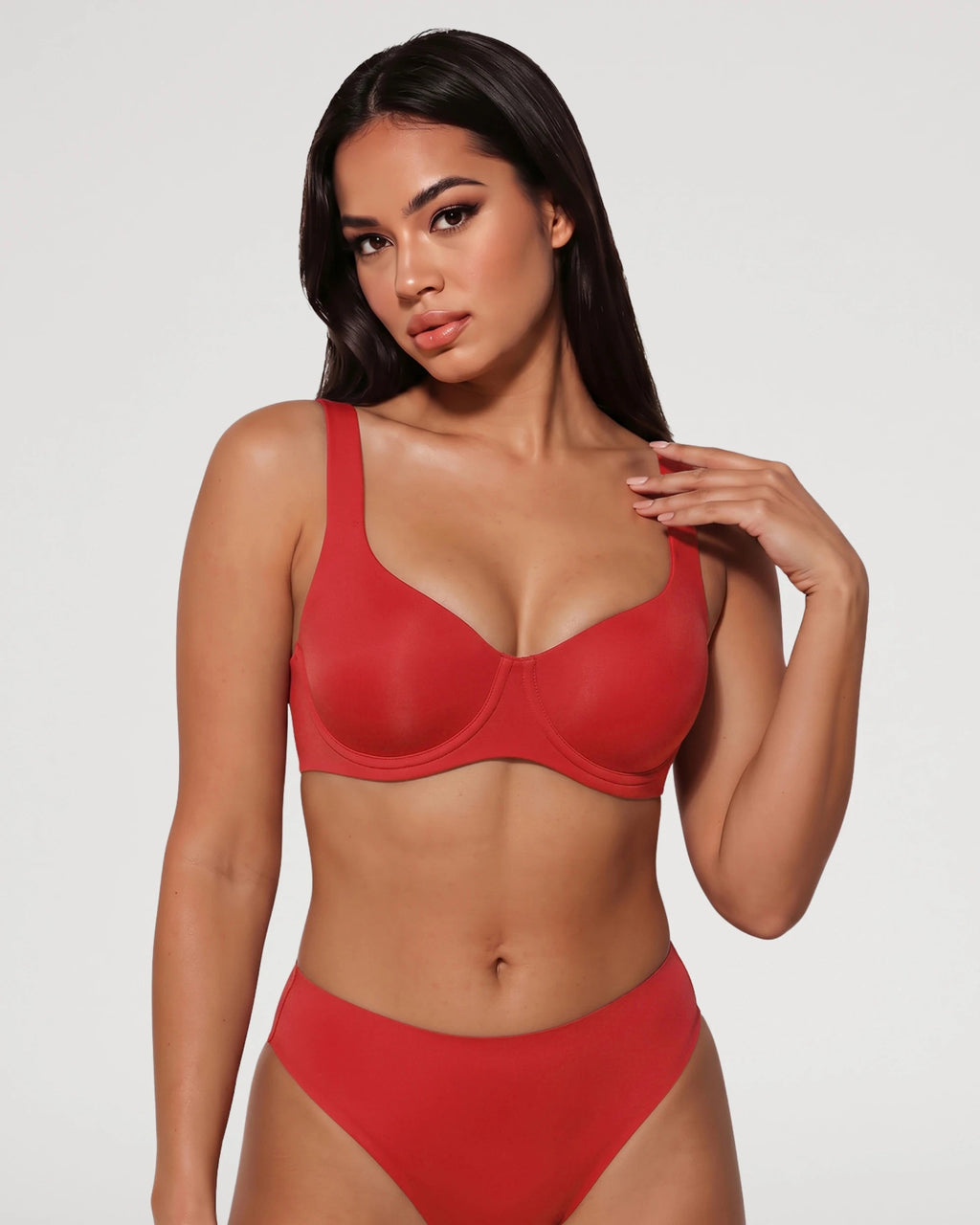 PLERIVA Seamless Unlined Underwire Balconette Bra in Red, front view on model