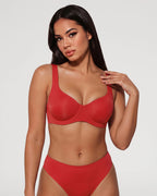 PLERIVA Seamless Unlined Underwire Balconette Bra in Red, front view on model