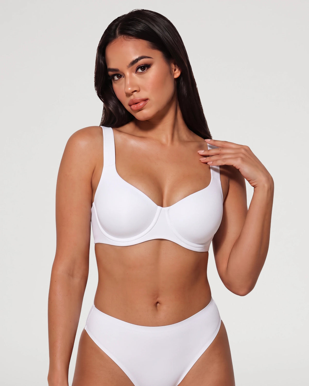 PLERIVA Seamless Unlined Underwire Balconette Bra in White, front view on model