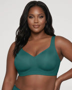 PLERIVA Seamless Wireless Full Coverage Lift Bra in Emerald Green, front view on model