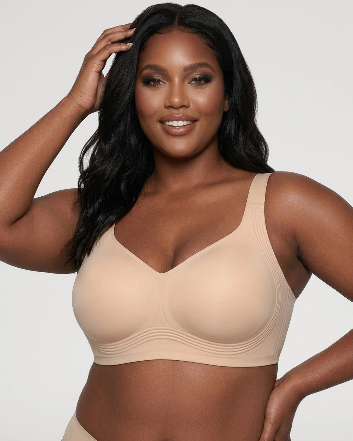 PLERIVA Seamless Wireless Full Coverage Lift Bra in Nude, front view on model