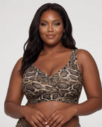 PLERIVA Seamless Wireless Full Coverage Lift Bra in Python Print, front view on model with hands together