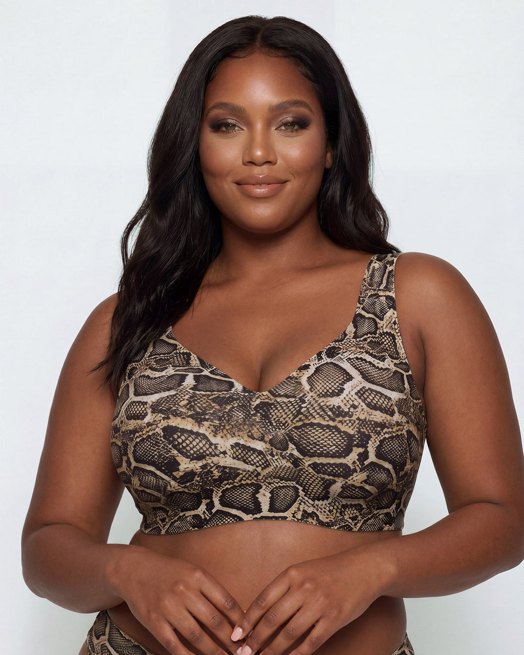 PLERIVA Seamless Wireless Full Coverage Lift Bra in Python Print, front view on model